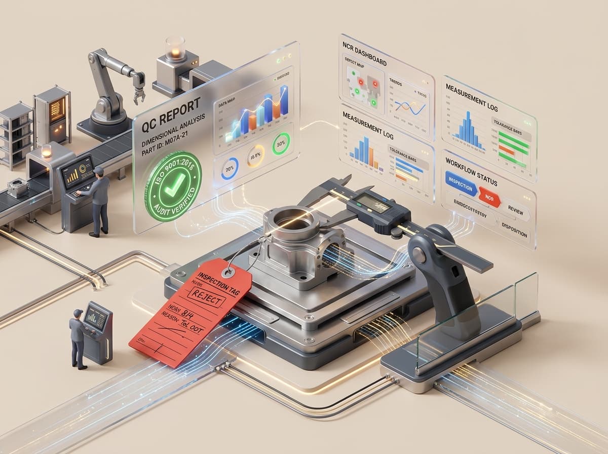 3D isometric illustration of connected shop-floor quality management: machined part, physical hold tag, digital measurement, and ISO compliance verification