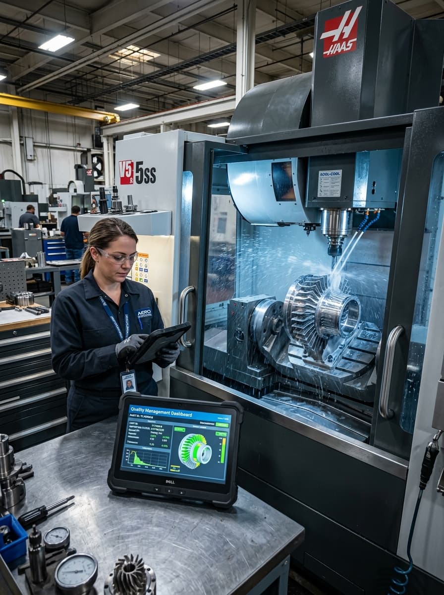 Quality engineer with digital tablet in front of aerospace 5-axis CNC machining center