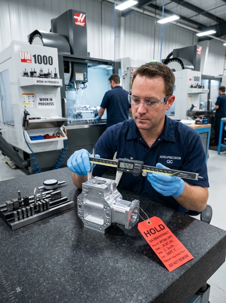 Quality inspector with digital caliper inspecting CNC aerospace part with hold tag